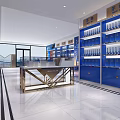 Bright Modern Retail Store Interior With Blue Shelves And Bottled Products Display Cabinets