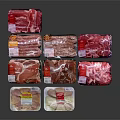 Raw Meat in Transparent Plastic Packaging with Labels Arranged on Black Background 3d model