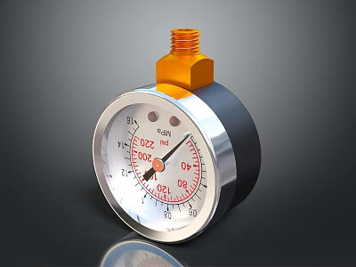Industrial Pressure Gauge With Silver Casing Orange Top And Accurate PSI Measurement Scale 3d model