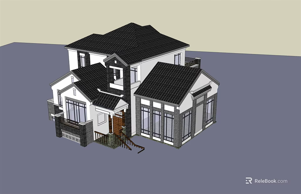 Traditional Chinese Style Detached Villa With Black Roof White Walls Porch And Large Windows 3d model 