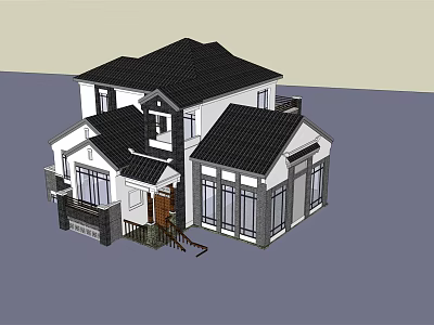 Traditional Chinese Style Detached Villa With Black Roof White Walls Porch And Large Windows 3d model