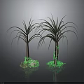 Lush Palm Trees With Glowing Green Moss Base And Reflective Dark Background