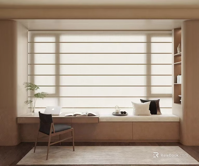 Cozy Window Seat Cabinet Design With Roller Blinds Desk Chair And Pillows 3d model 