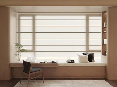 Cozy Window Seat Cabinet Design With Roller Blinds Desk Chair And Pillows 3d model