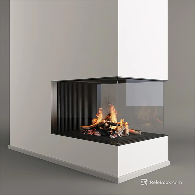 Modern White Fireplace Design With Glass Panel And Burning Wood Logs 3d model 