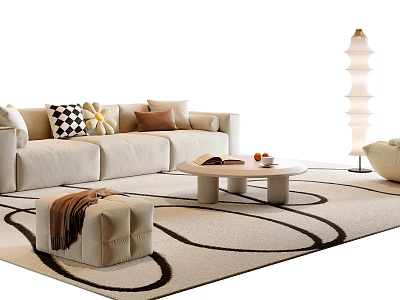 Modern Sofa And Coffee Table Set with Decorative Pillows Cozy Rug Floor Lamp and Ottoman 3d model