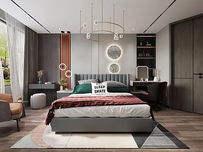 Elegant Modern Bedroom Interior With Upholstered Headboard Geometric Rug And Pendant Lights 3d model