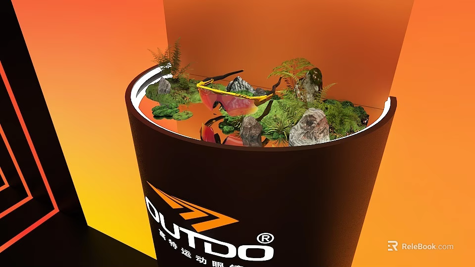 Floral Installation with Green Plants Rock Formations Red Structure in Cylindrical Container for OUTDO 3d model 