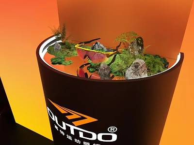 Floral Installation with Green Plants Rock Formations Red Structure in Cylindrical Container for OUTDO 3d model