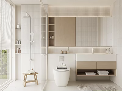 Modern Minimalist Bathroom Interior With Shower Area Large Mirror Vanity And Storage Cabinets 3d model
