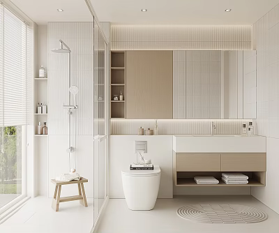 Modern Minimalist Bathroom Interior With Shower Area Large Mirror Vanity And Storage Cabinets 3d model