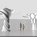 White Twisted Illuminated Columns In Modern Interior With Geometric Floor And Circular Lights