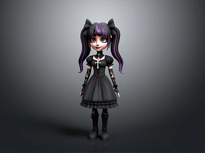 Gothic Style Collectible Toy Doll With Black Dress Purple Pigtails And Cat Ears 3d model