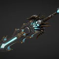 Mythical Glowing Blue Sword With Skull Horns And Gemstone Decorations