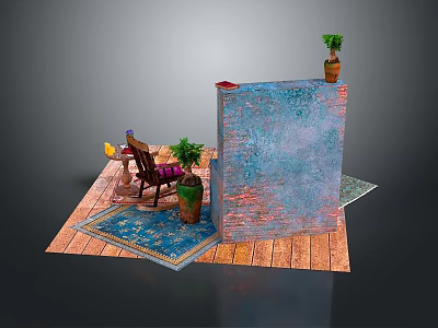 Interior Living Space With Wooden Floor Blue Rug Chair And Decorative Wall Plants 3d model