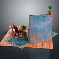 Interior Living Space With Wooden Floor Blue Rug Chair And Decorative Wall Plants