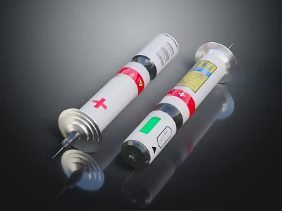 Medical Syringes With Red Cross Labels And Metal Needles On Black Surface 3d model