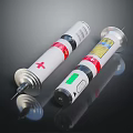 Medical Syringes With Red Cross Labels And Metal Needles On Black Surface