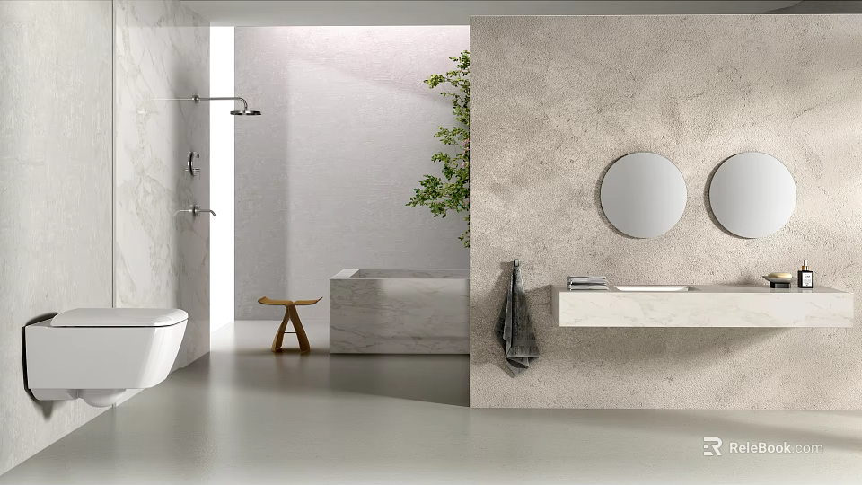Modern White Toilet in Bathroom with Marble Walls Double Mirrors Vanity Bathtub and Green Plant 3d model 