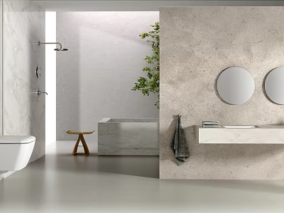Modern White Toilet in Bathroom with Marble Walls Double Mirrors Vanity Bathtub and Green Plant 3d model