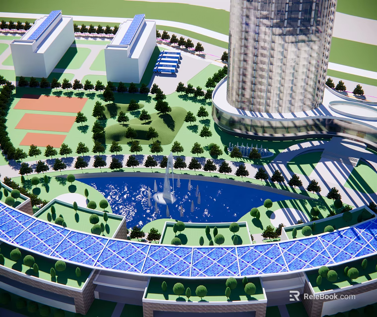 Modern High Rise Office Building With Landscaped Gardens And Water Feature 3d model 
