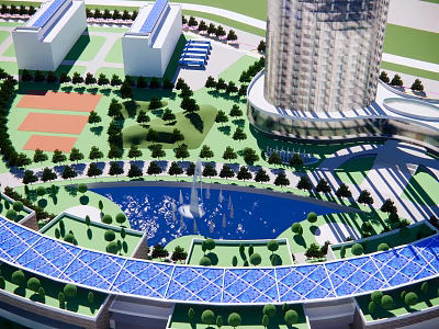 Modern High Rise Office Building With Landscaped Gardens And Water Feature 3d model