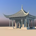 Traditional Chinese Pavilion With Black Tiled Roof Red Pillars And Circular Decorations Under Blue Sky