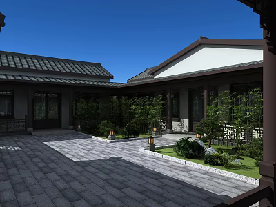 Traditional Chinese Garden Courtyard With Tiled Roof Stone Paved Ground Bamboo And Green Plants 3d model