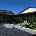 Traditional Chinese Garden Courtyard With Tiled Roof Stone Paved Ground Bamboo And Green Plants