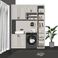 Modern White Bathroom Cabinet With Washing Machine Storage Baskets LED Lighting And Green Plant
