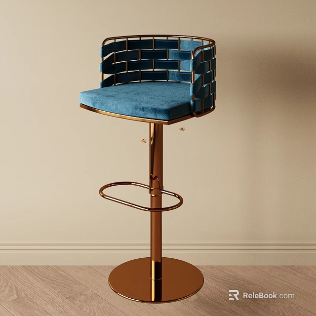Modern Blue Velvet Bar Stool With Golden Metal Frame And Woven Backrest 3d model 