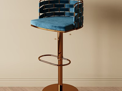 Modern Blue Velvet Bar Stool With Golden Metal Frame And Woven Backrest 3d model