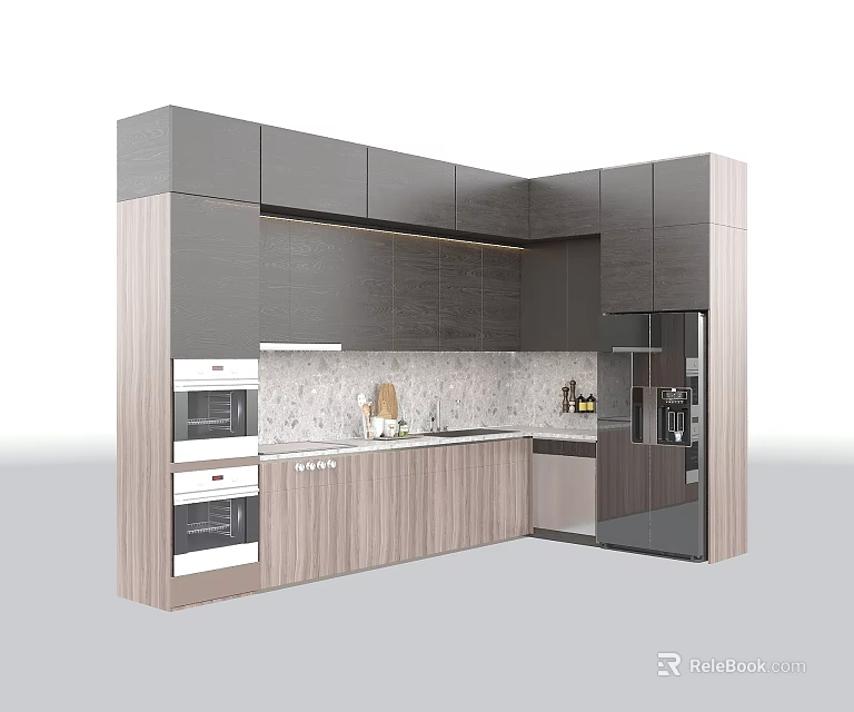 Modern Kitchen Interior With Gray And Wooden Cabinets And Stone Countertop 3d model 