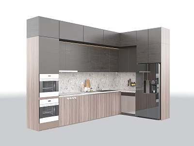 Modern Kitchen Interior With Gray And Wooden Cabinets And Stone Countertop 3d model