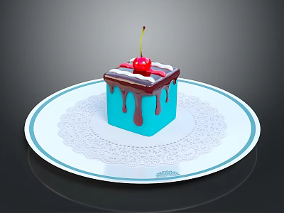 Blue Square Cake With Chocolate Drizzle And Cherry On White Plate With Lace Doily 3d model