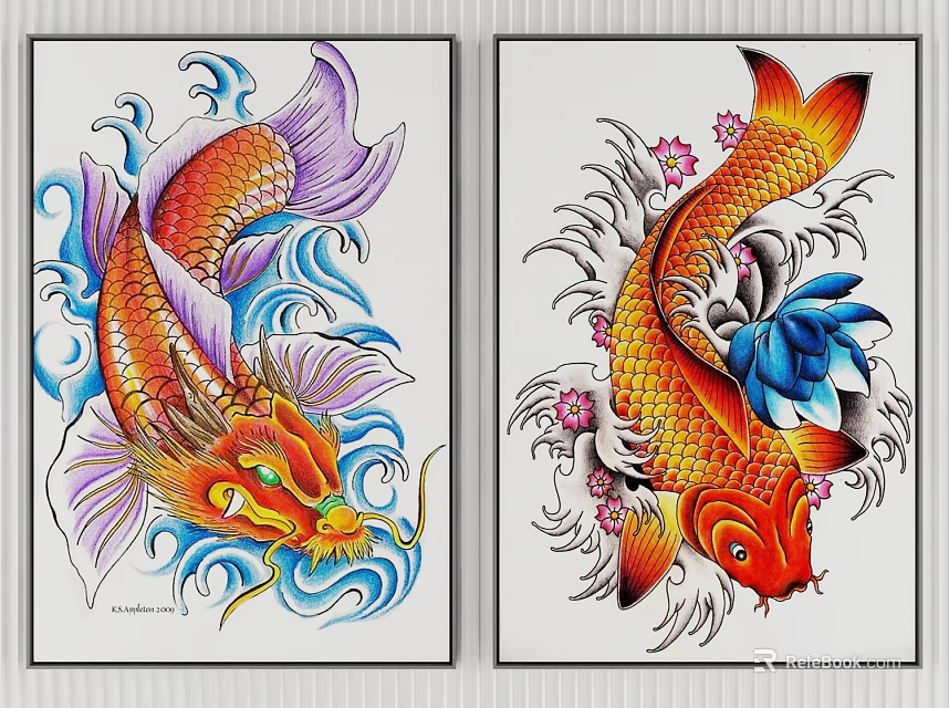 Vibrant Koi Fish Paintings with Waves Pink Flowers Blue Lotus and Purple Blue Hues 3d model 