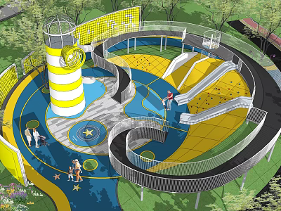 Residential Landscape Children's Play Area With Lighthouse Structure Colorful Slides Blue Yellow Ground And Trees 3d model