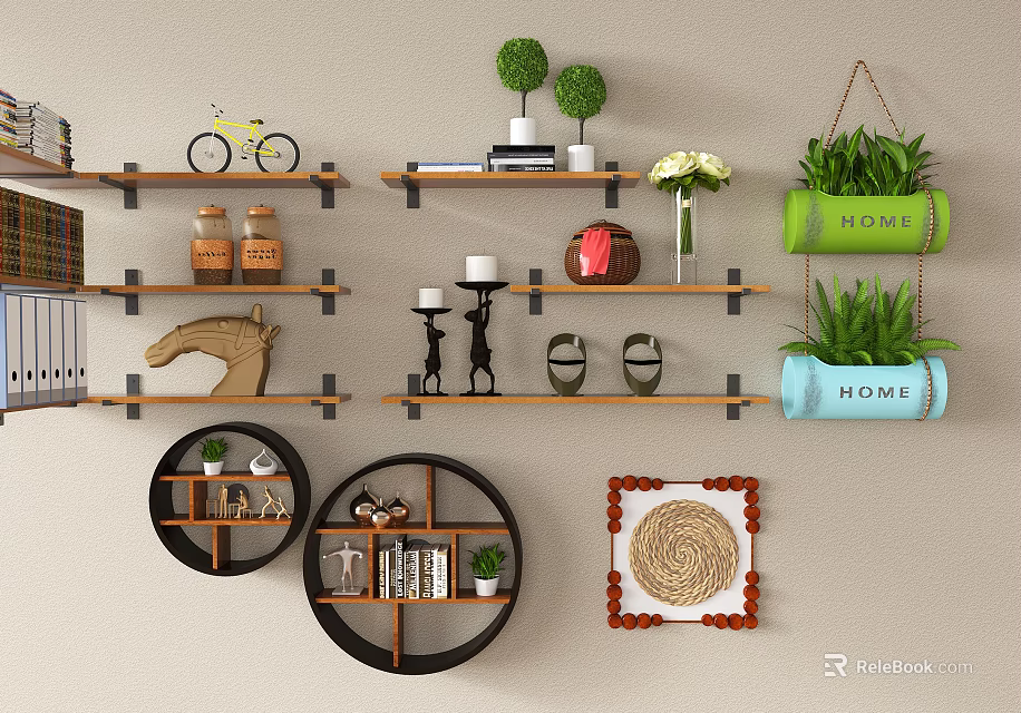 Elegant Wall Decor with Hanging Green Plants HOME Pots Wooden Shelves and Decorative Items 3d model 