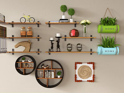 Elegant Wall Decor with Hanging Green Plants HOME Pots Wooden Shelves and Decorative Items 3d model