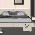 Modern Beige Double Bed With White Sheets Black White Pillows Nightstand Plants And Rug