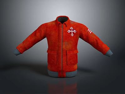 Red Jacket With Cross Logo On Chest Striped Sleeves Pockets And Gray Cuffs Hem 3d model