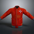 Red Jacket With Cross Logo On Chest Striped Sleeves Pockets And Gray Cuffs Hem