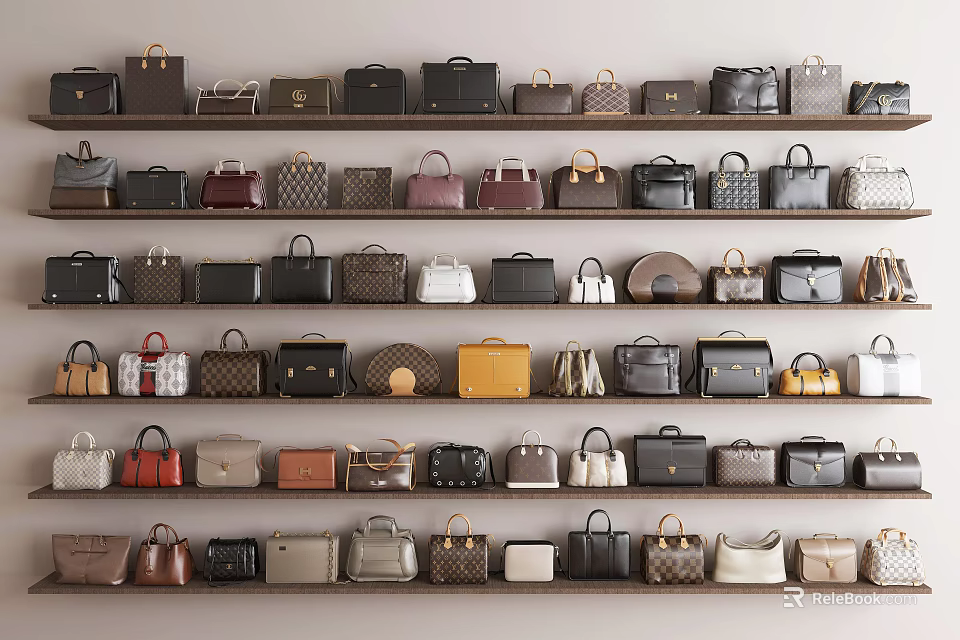 Bags Various Styles Different Colors Neatly Arranged On Multiple Wooden Shelves 3d model 