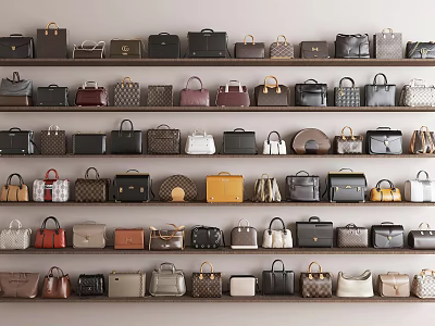 Bags Various Styles Different Colors Neatly Arranged On Multiple Wooden Shelves 3d model