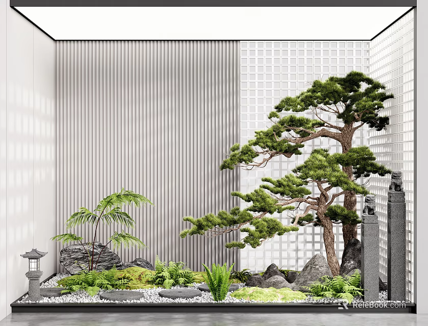 Japanese Style Courtyard Garden With Pine Tree Stones And Striped Grid Wall Design 3d model 