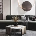 Modern Luxury Sofa and Coffee Table Set with Geometric Pattern Rug and Circular Decorative Lamp