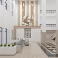 Hotel Lobby Interior With Reception Desk Large Digital Screen Silver Turnstiles And Marble Flooring