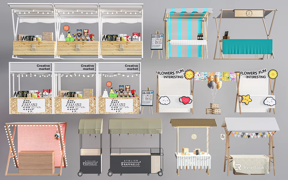 Colorful Market Stalls With Various Canopies Flower Displays And Decorative Elements 3d model 