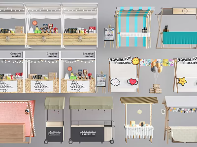 Colorful Market Stalls With Various Canopies Flower Displays And Decorative Elements 3d model