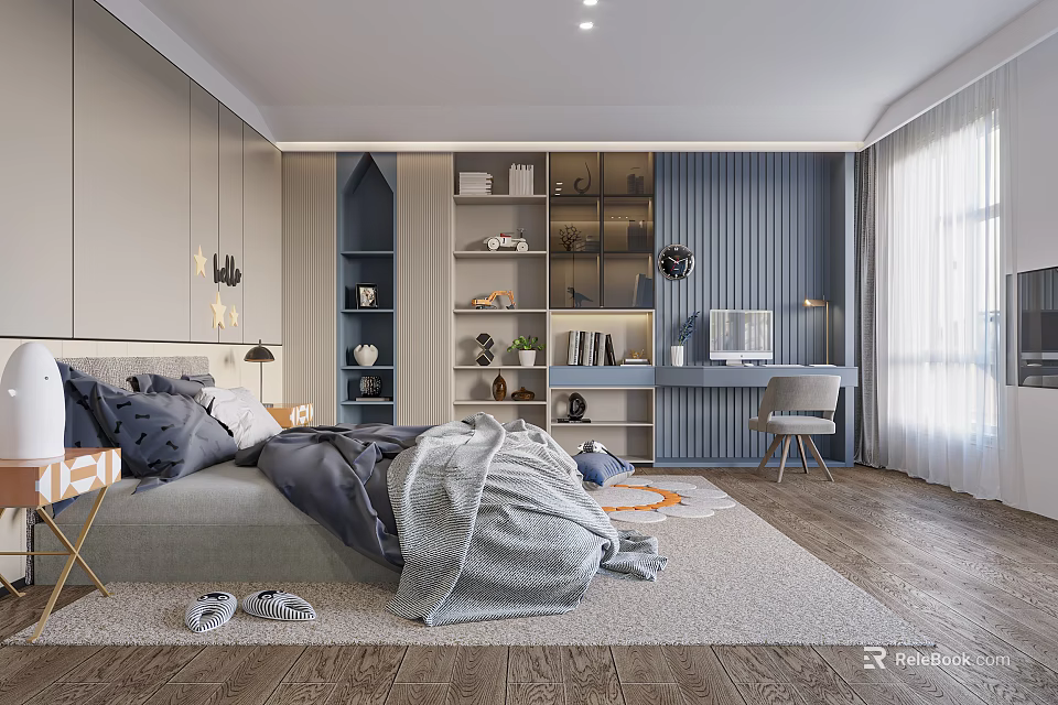 Kids Room Interior With Grey And Blue Design Bed Bookshelf Desk Chair And Rug 3d model 